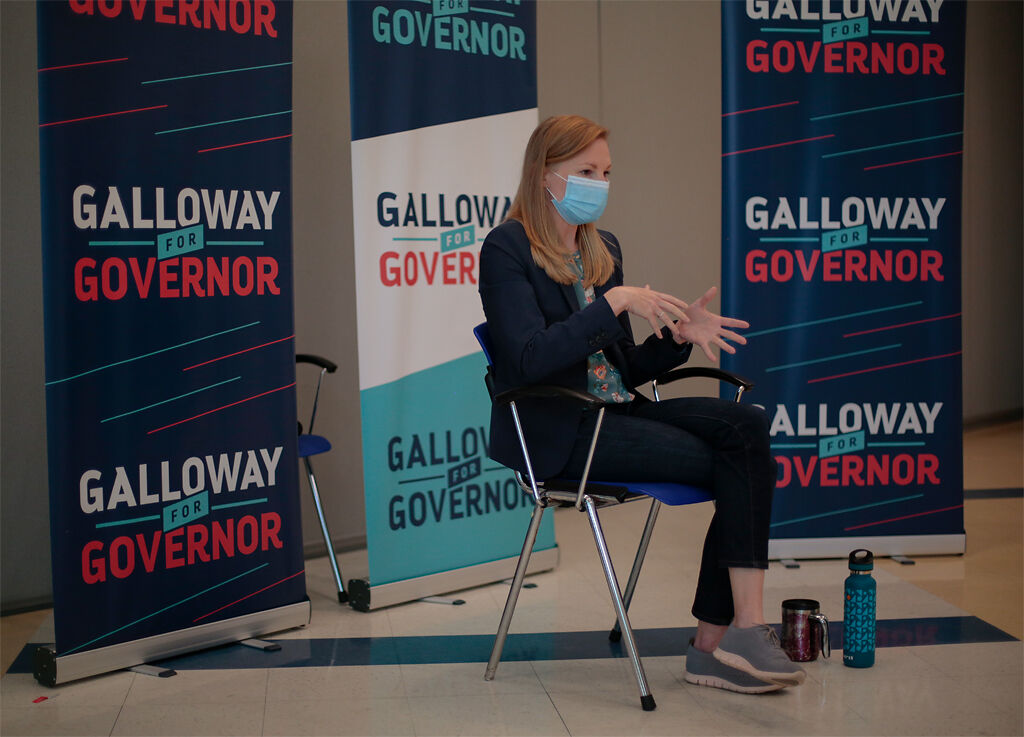 Mo. gubernatorial candidate Nicole Galloway talks to two Missourian reporters